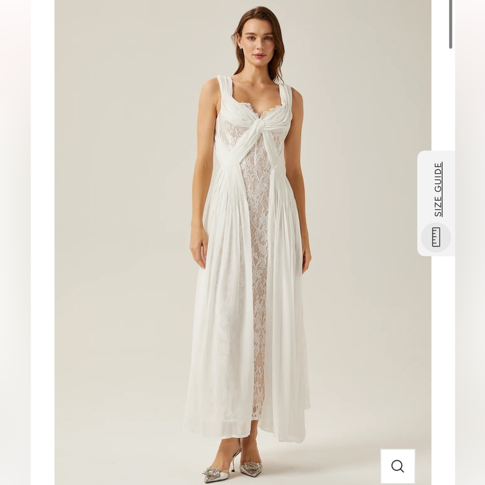 Elegant White Lace Maxi Dress with Draped Overlay